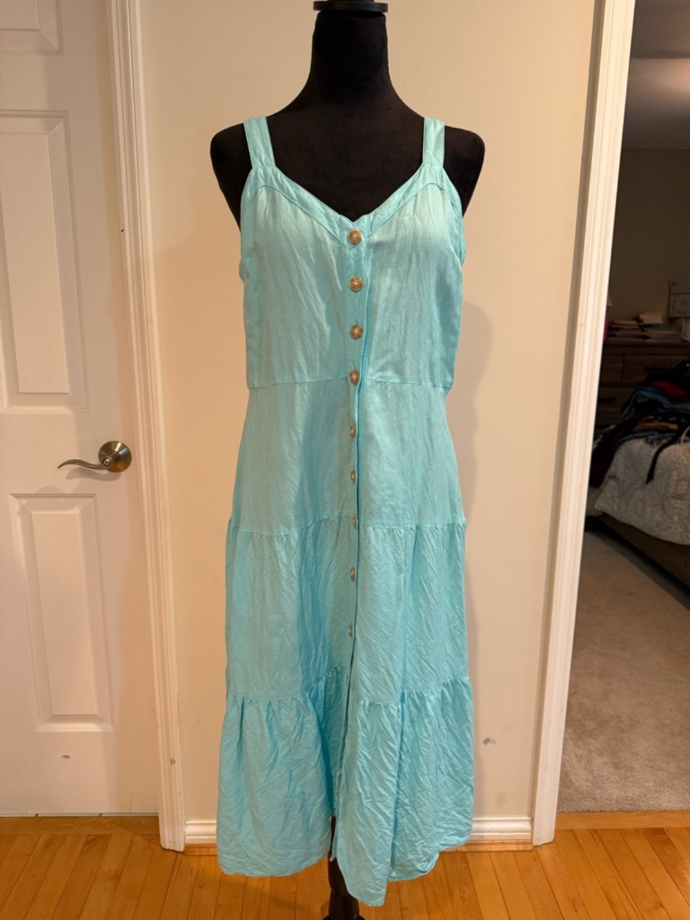 LOFT Aqua Button-Front Tiered Maxi Dress